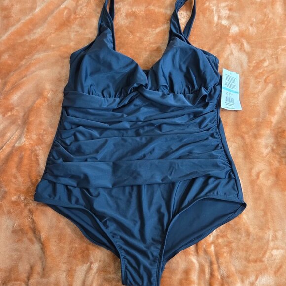 Black Ruched One-Piece Swimsuit Size 16W NWT - Picture 1 of 10
